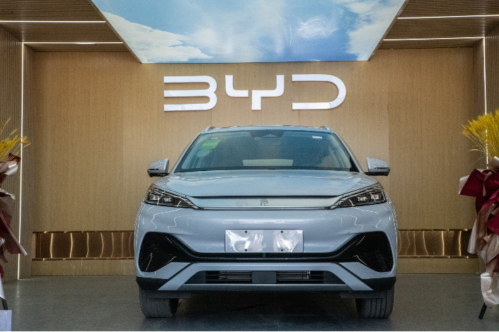 A BYD Dynasty series electric vehicle sits on display at a dealership in Beijing on Monday. Photo: Bloomberg