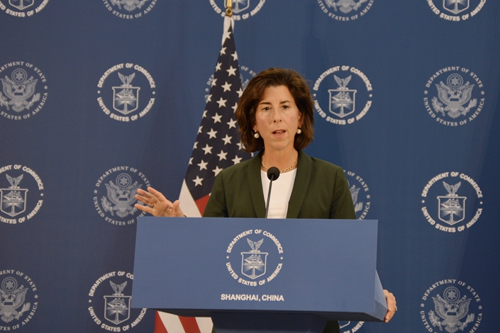 U.S. Secretary of Commerce Gina Raimondo speaks at a press conference in Shanghai on Wednesday following a four-day visit to China. Photo: Kelly Wang/Caixin