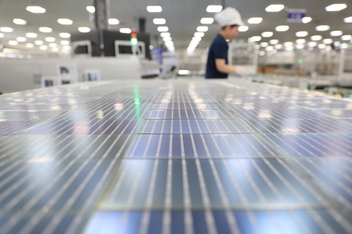 A solar photovoltaic cell module assembly line in Lianyungang, Jiangsu province, on Aug. 28. Photo: VCG