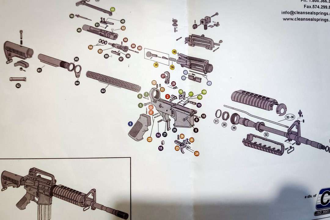 Diagram detailing the assembly of a simulation game gun. Photo: Kang Jia/Caixin