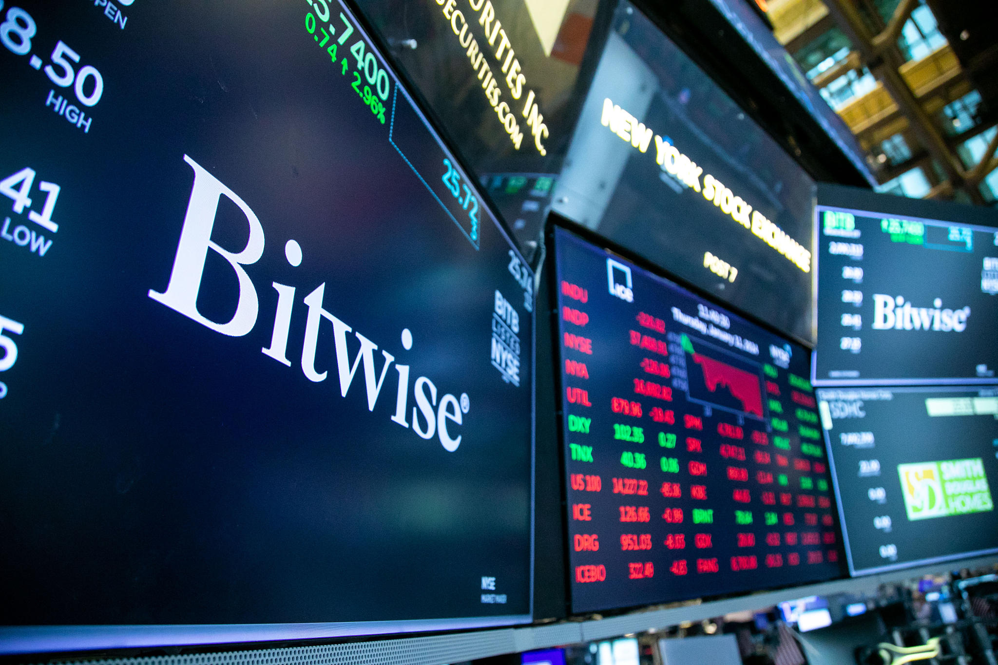 The logo for the Bitwise Bitcoin Spot ETF is displayed at the New York Stock Exchange on Jan. 11. Photo: VCG