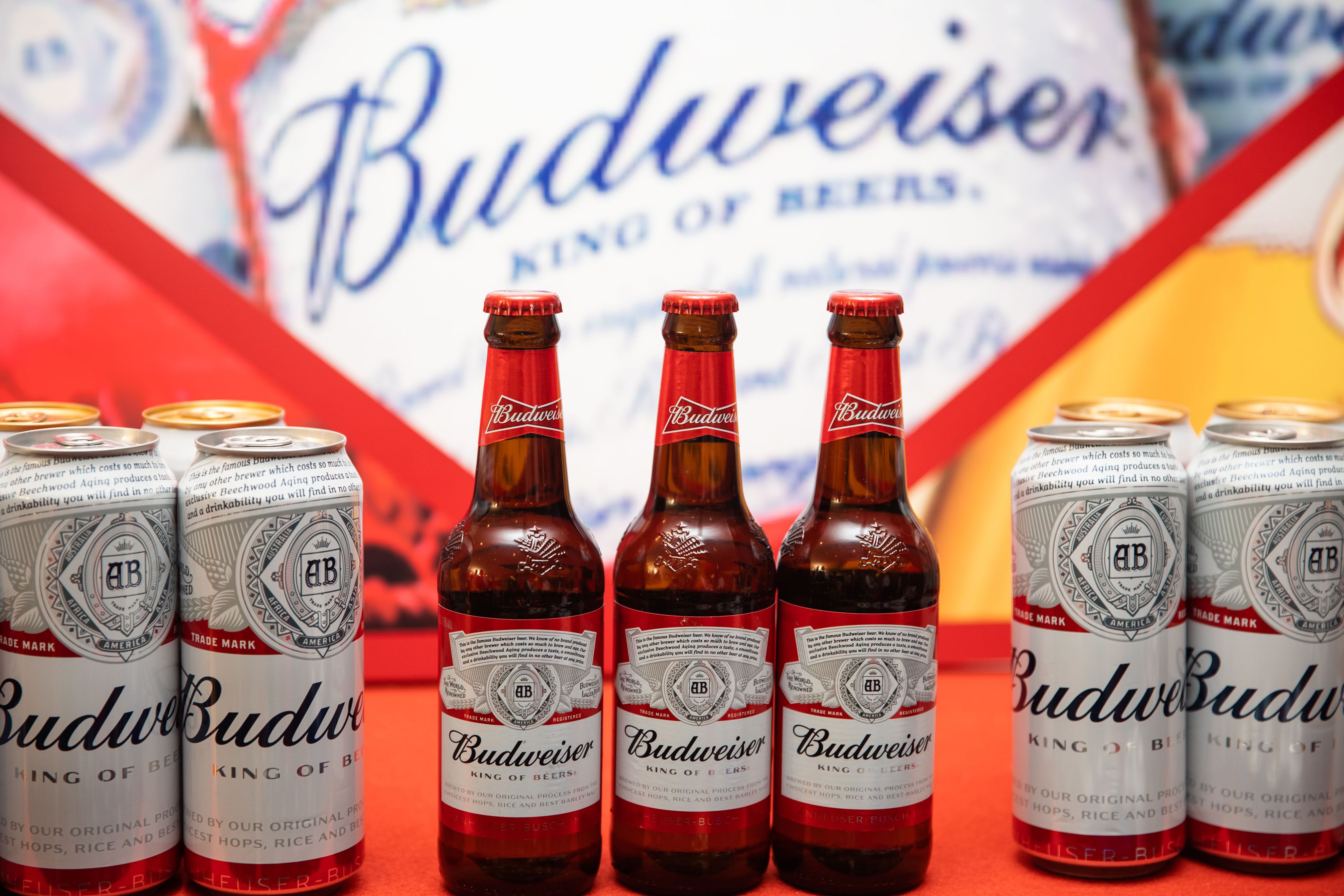 Budweiser beers manufactured by Anheuser-Busch InBev sit on display during a news conference in Hong Kong in July 2019. Photo: Bloomberg
