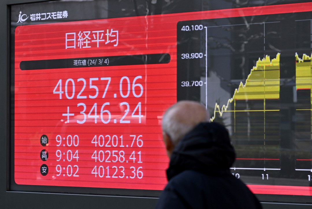 A monitor shows the Nikkei Stock Average in Tokyo on Monday. Photo: VCG