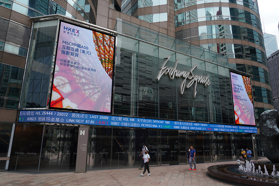 A screen displays an advertisement for MSCI China A50 Connectivity index futures in Hong Kong in October 2021. Photo: VCG