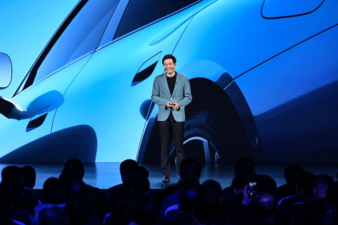 Lei Jun, chairman and CEO of smartphone giant Xiaomi, speaks at the launch of the Mi Car SU7 in Beijing on Thursday. Photo: VCG