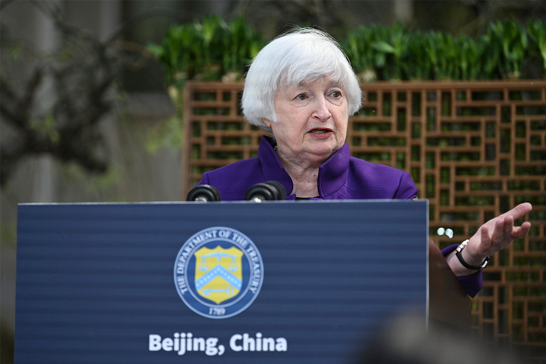 U.S. Treasury Secretary Janet Yellen speaks Monday during a press conference at the U.S. Embassy in Beijing. Photo: VCG