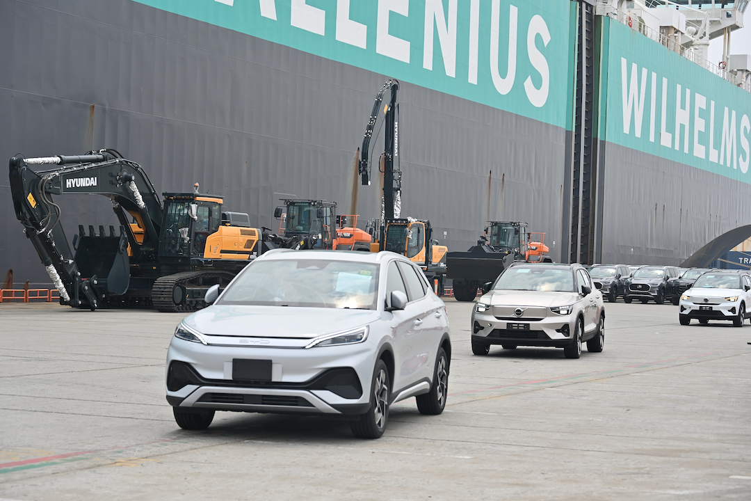 BYD cars being prepared for export onboard a ship at Haitong Terminal of the Waigaoqiao Port Area in Shanghai in June 2023